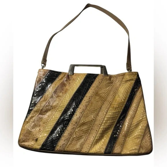 Vintage Snakeskin Shoulder Bag Striped Leather Handbag Funky Purse - Picture 4 of 16